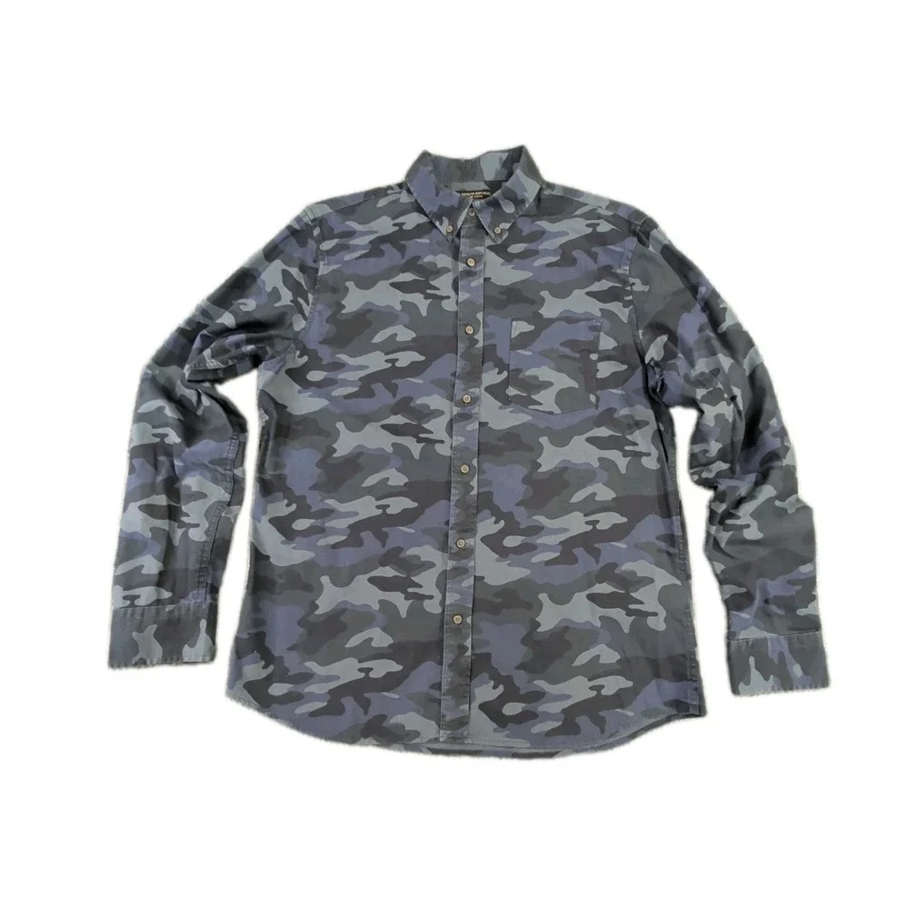 Banana Republic Luxe Flannel Shirt Mens L Blue Camo Untucked Slim Fit Stretch